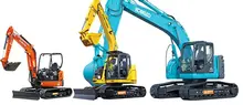 A lineup of various excavator models displayed outdoors, showcasing different sizes and designs for construction use.