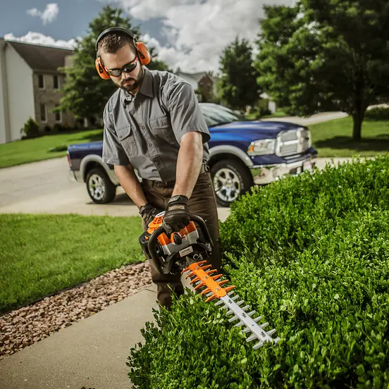 Orange Stihl hedge trimmer with 30 inch blade being used to cut hedges